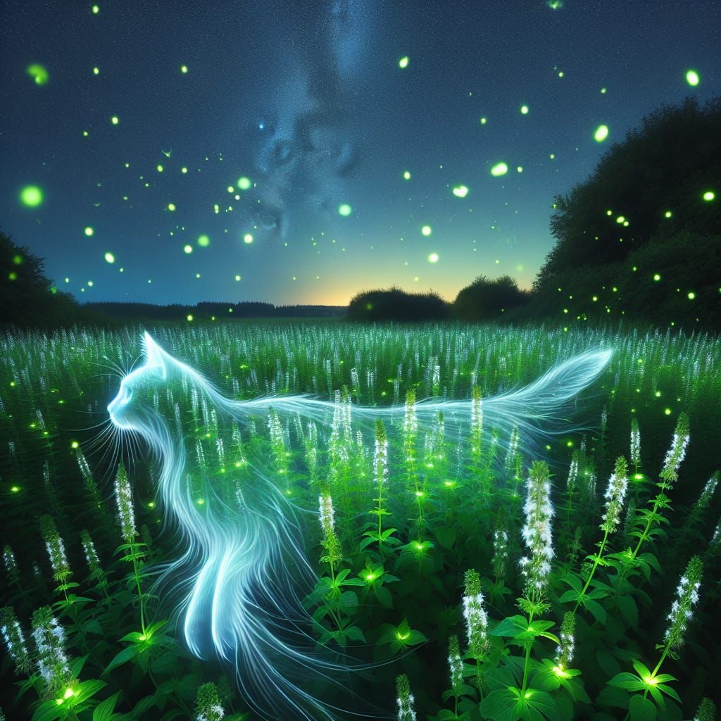 Luminous Ghost Cat Over Catnip Field at Night