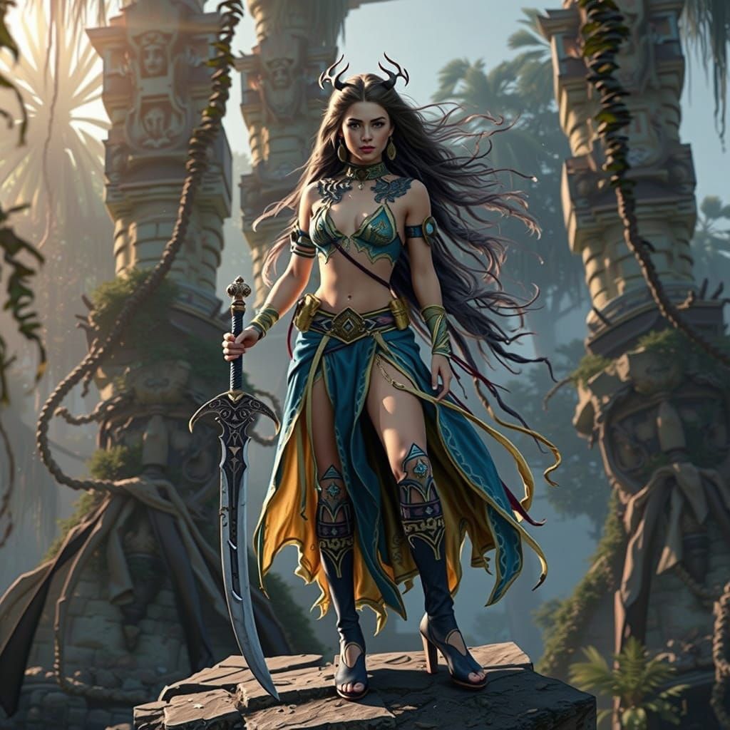 Jungle Goddess with Magical Sword on Ancient Ruins