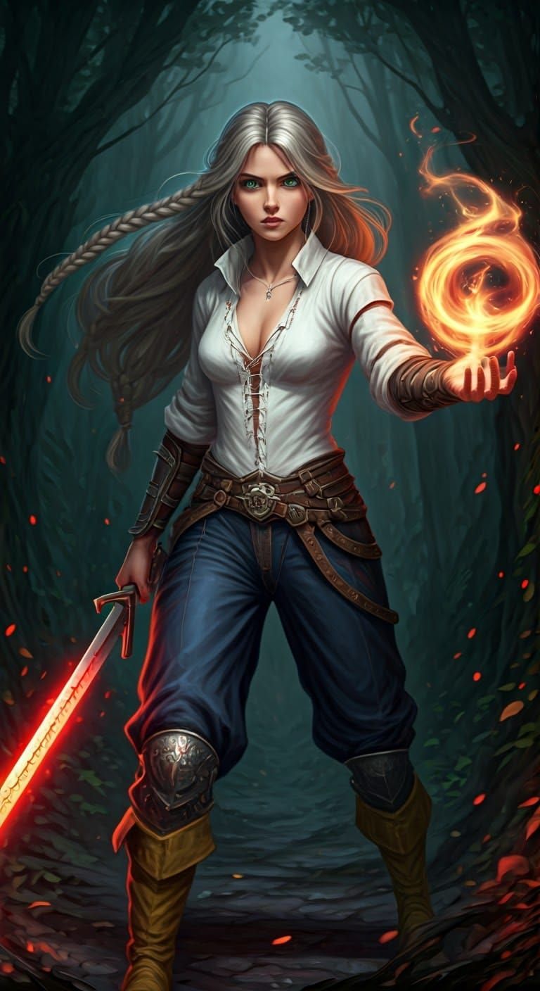 Young Adventuress in Dark Forest, with Sword and Whirlwind