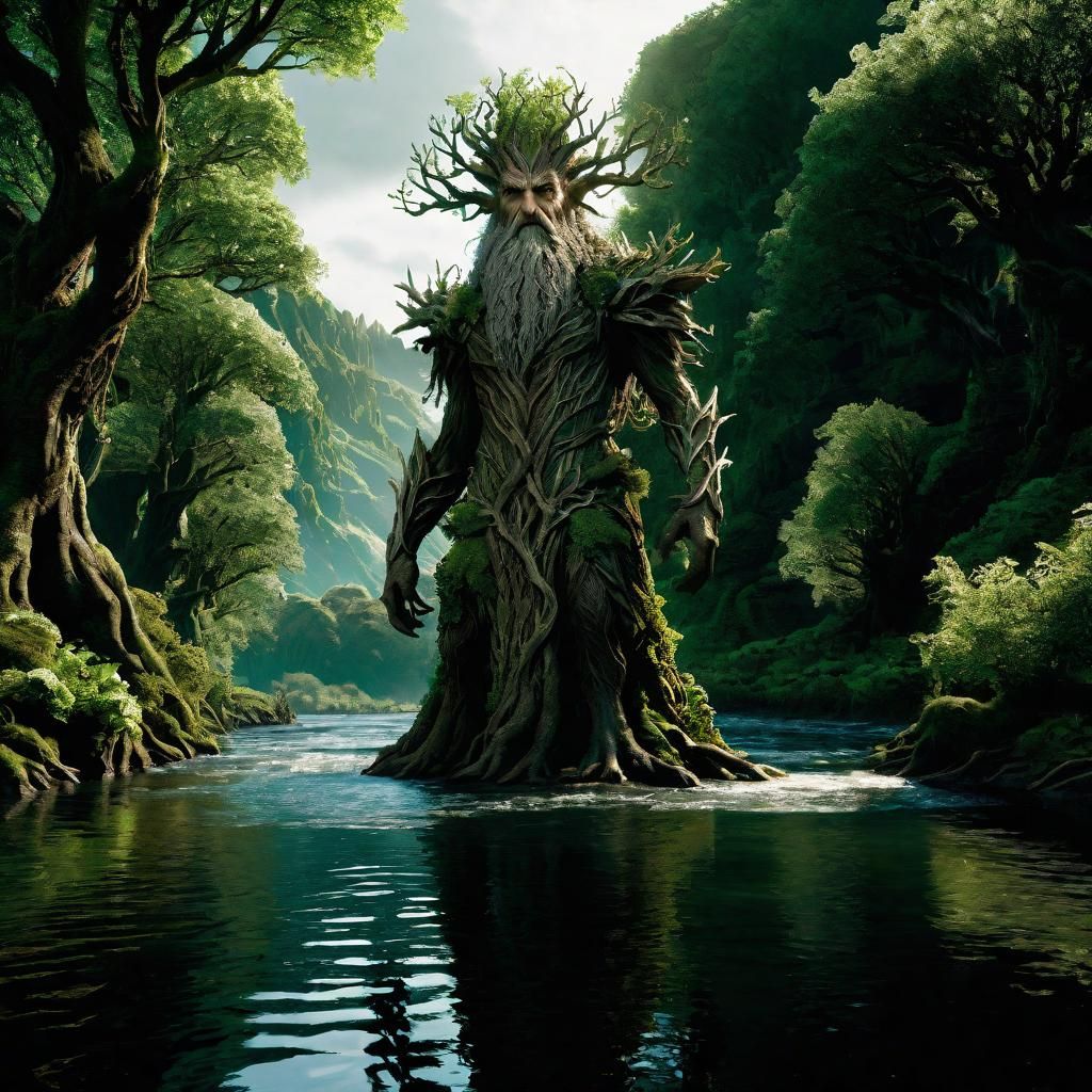 Treebeard in Forest River: Cinematic Hyperrealism