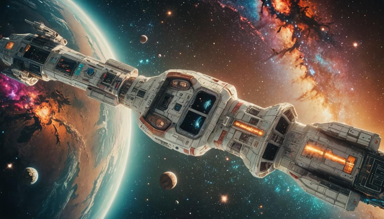 Long Spaceship Orbiting Earth-like Planet in Space