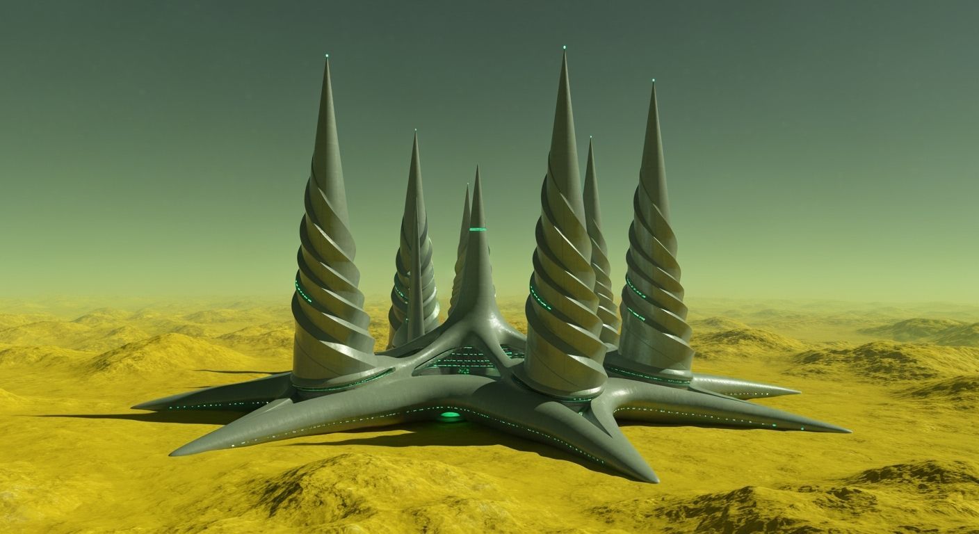 Futuristic Space Station with Spiral Towers on Rocky Landsca...