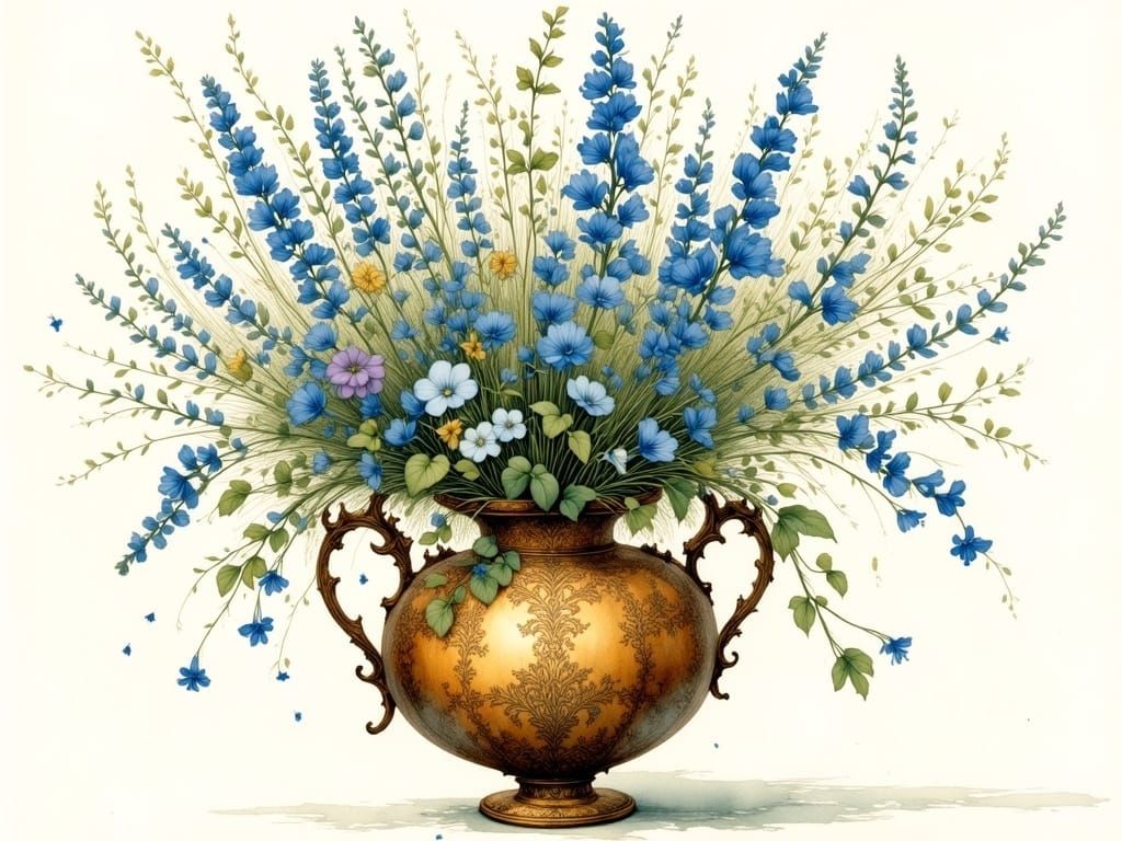 Floral Bouquet in Ornate Vase, Watercolour Art