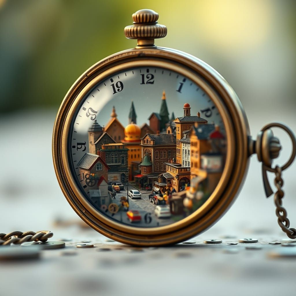 Miniature City Inside Pocket Watch with Bokeh