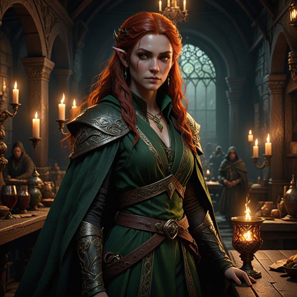 Mysterious Elven Rogue in Tavern, Exuding Elegance and Secre...