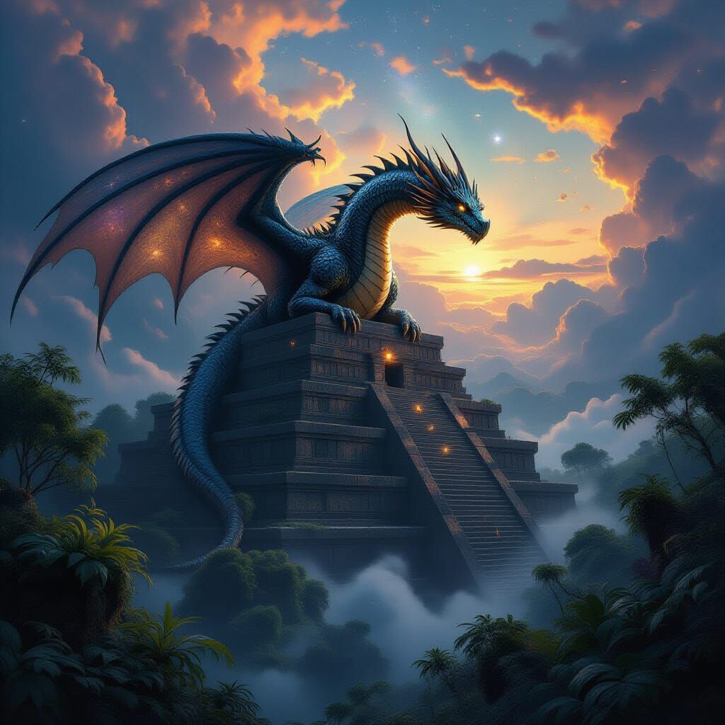 Cosmic Dragon on Obsidian Ziggurat Above Bioluminescent Jung...
