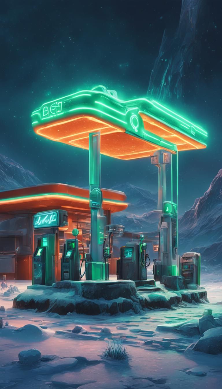 Cyberpunk Gas Station on Icy Comet Concept Art