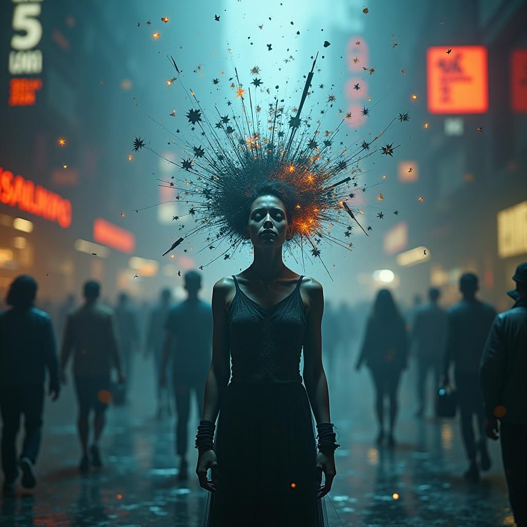 Isolated Figure in Cyberpunk Sensory Overload