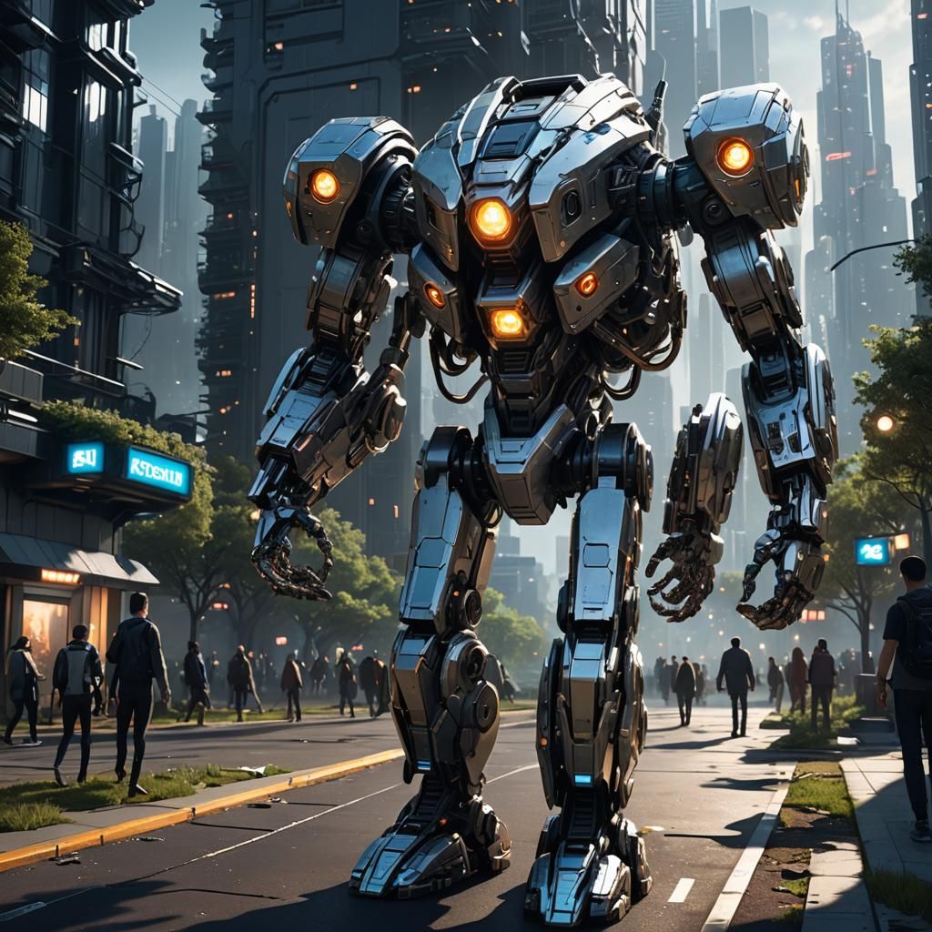 Sci-Fi Park Robot Walking in Futuristic City