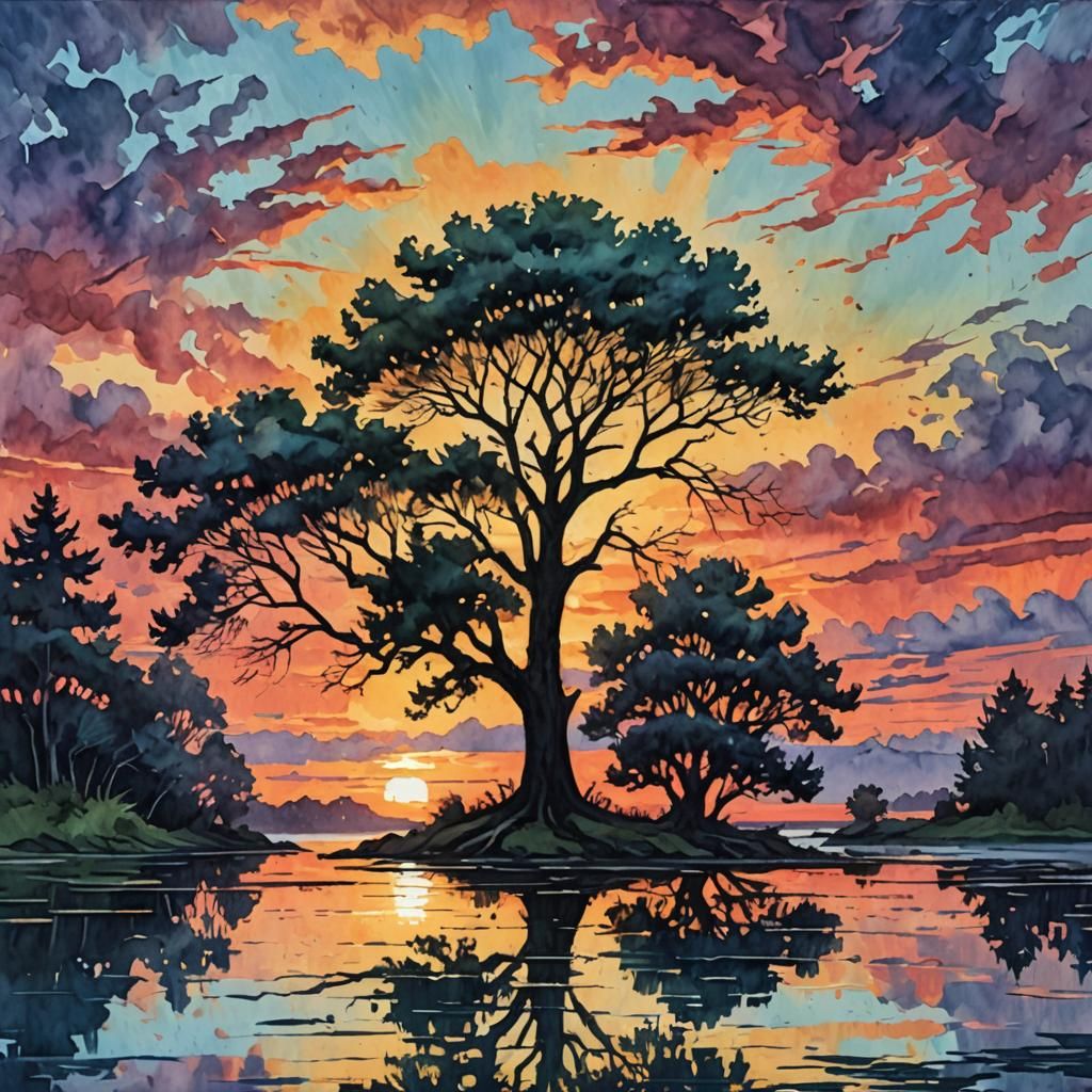 Gouache Style Sunset Silhouette Reflection