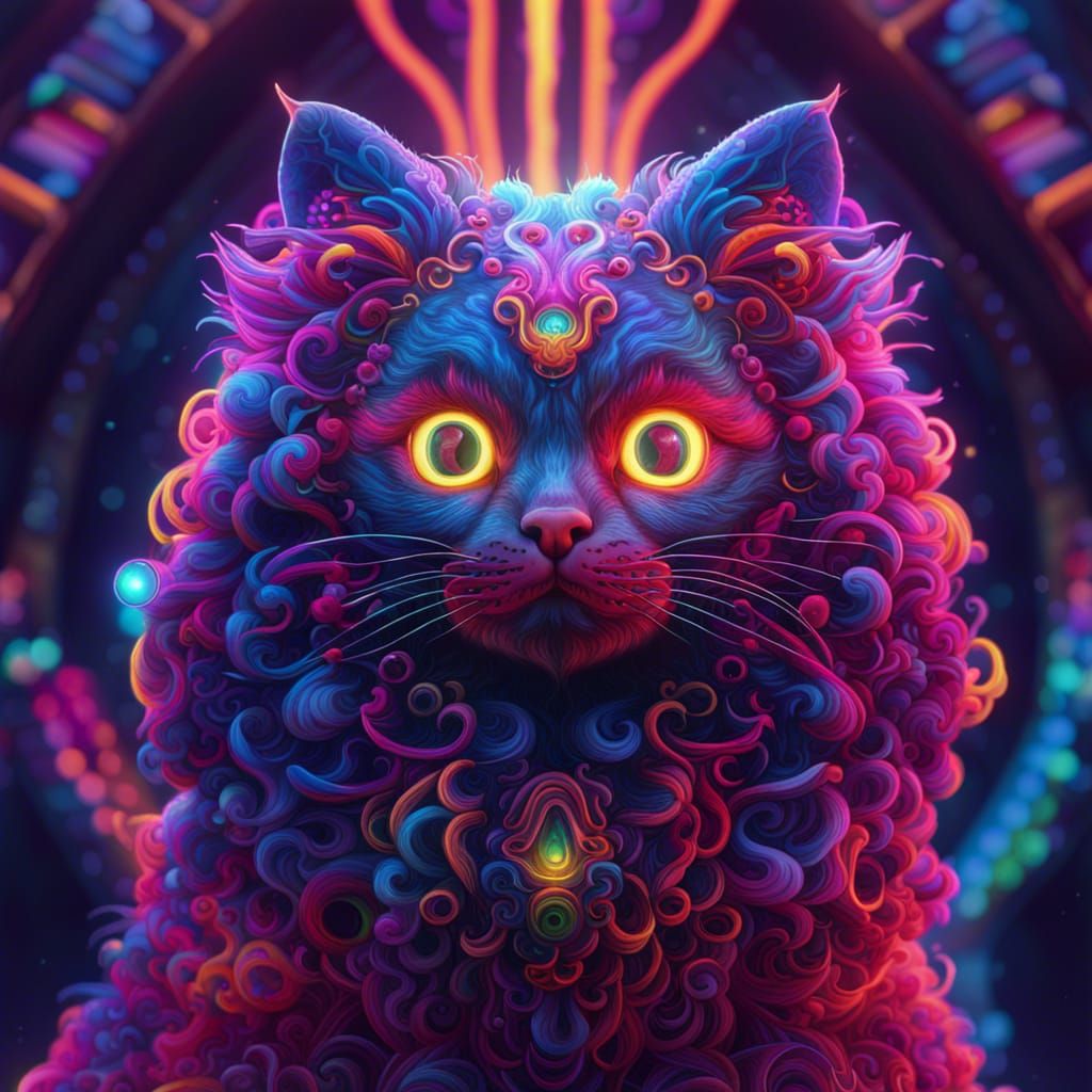 Surreal Neon Cat in Sacred Geometry Detail