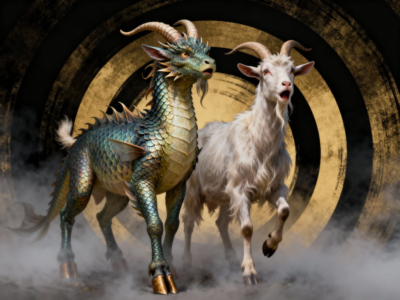 Hybrid Dragonfishgoat and Hydnora Goats in Misty Gradient