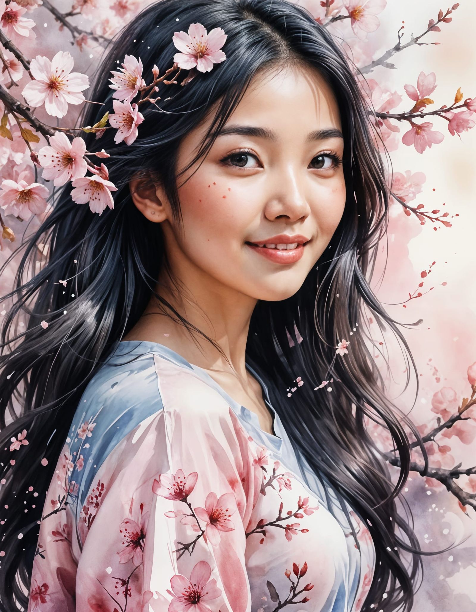 Asian Woman Portrait with Cherry Blossoms in Watercolor