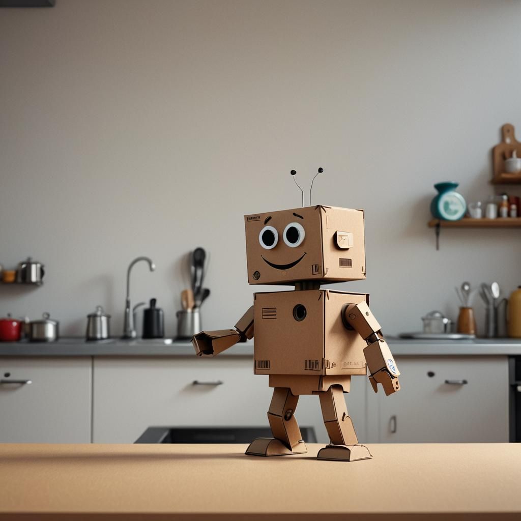 Cardboard Robot Walks on Counter: 3D Digital Art