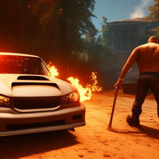 Fiery Wreck: Troll and Subaru in 3D Cinematic Style