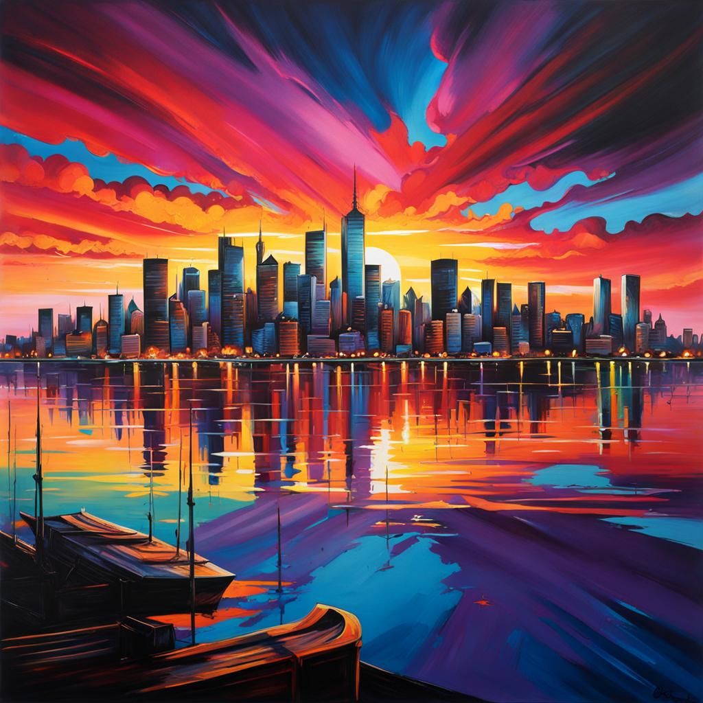 Sunset Cityscape in Graffiti Splash Art Style