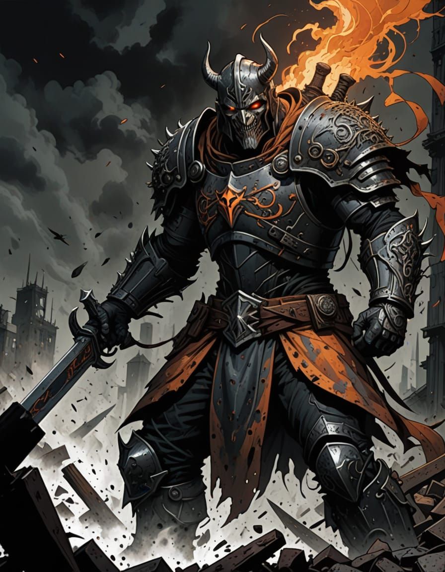 Dark Fantasy Warrior in a Battle-Scarred Battleyard