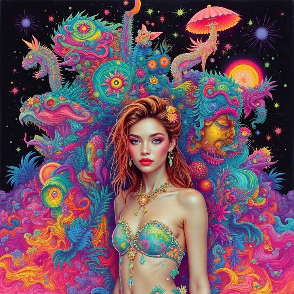 Woman Posing in Surreal Dreamscape with Glitch Effects