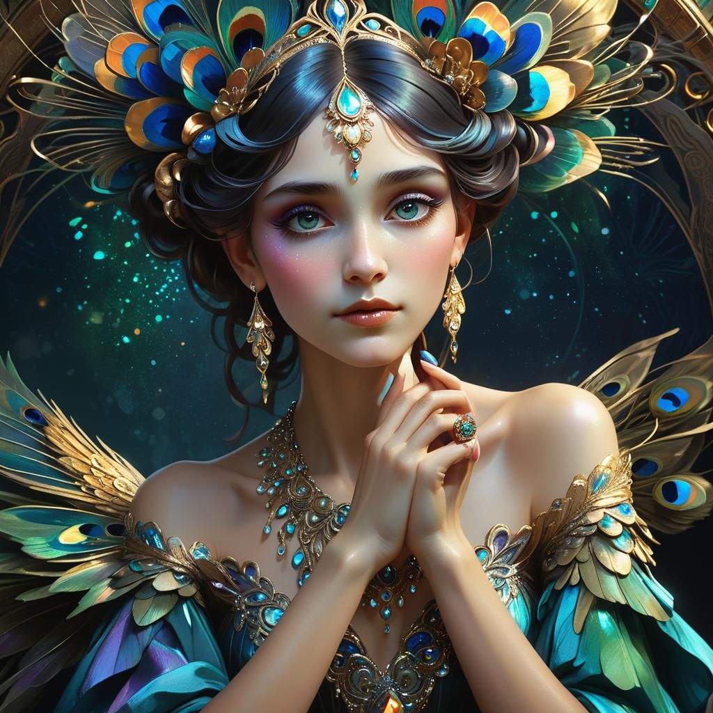 Fairy Manicuring Peacock: Fantasy Art Nouveau Portrait