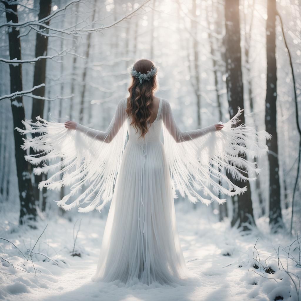 Woman in White Dress in Winter Wonderland