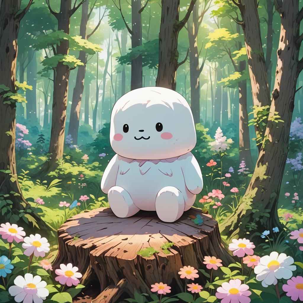 Marshmallow Character in Whimsical Anime Forest