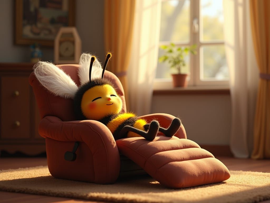 Cartoon Bee Sleeping in Recliner: Dreamlike 4K Render