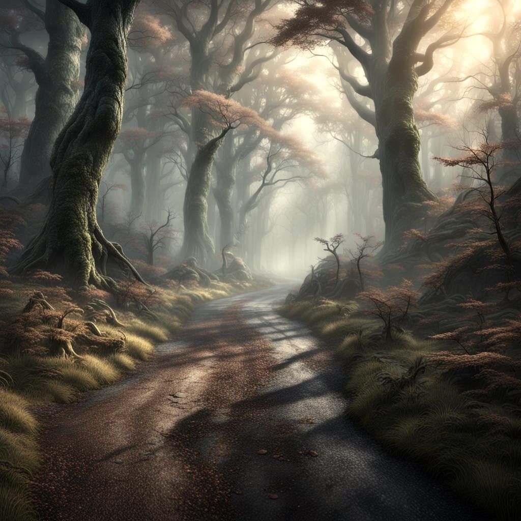 Misty Forest Road in Detailed Matte Painting