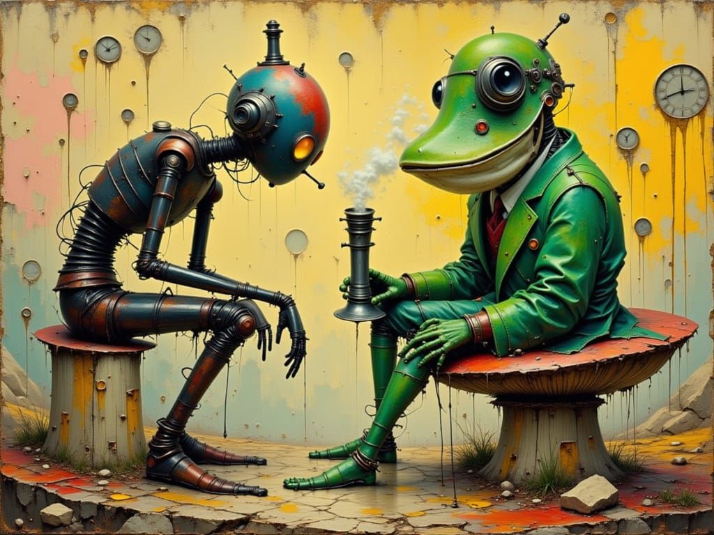 Depressed Robot Confides in Frog in Surreal Landscape