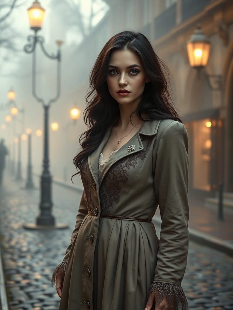 Romantic Woman in Golden Light, Cobblestone Street, 19th-Cen...