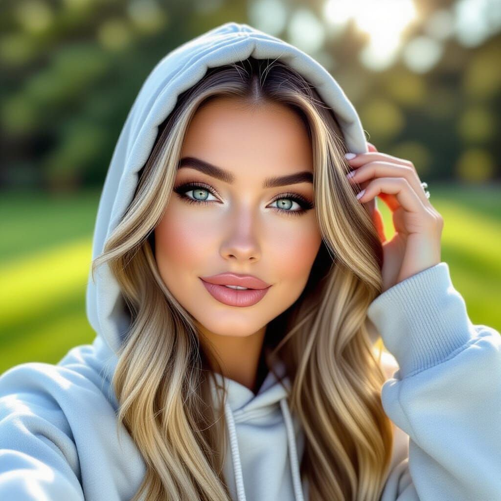 Woman Taking Outdoor Selfie with Blue Eyes and Blonde Highli...