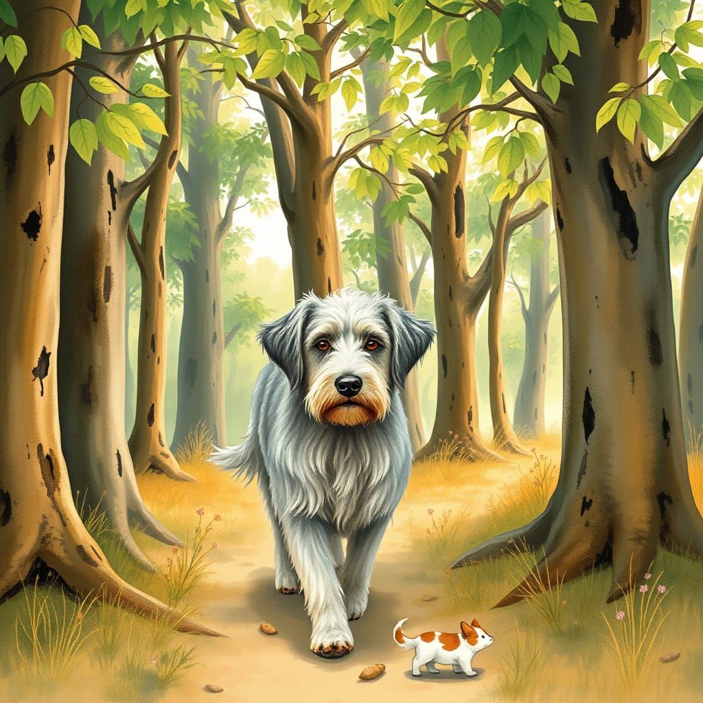 Aged Canine in Whimsical Watercolor Forest