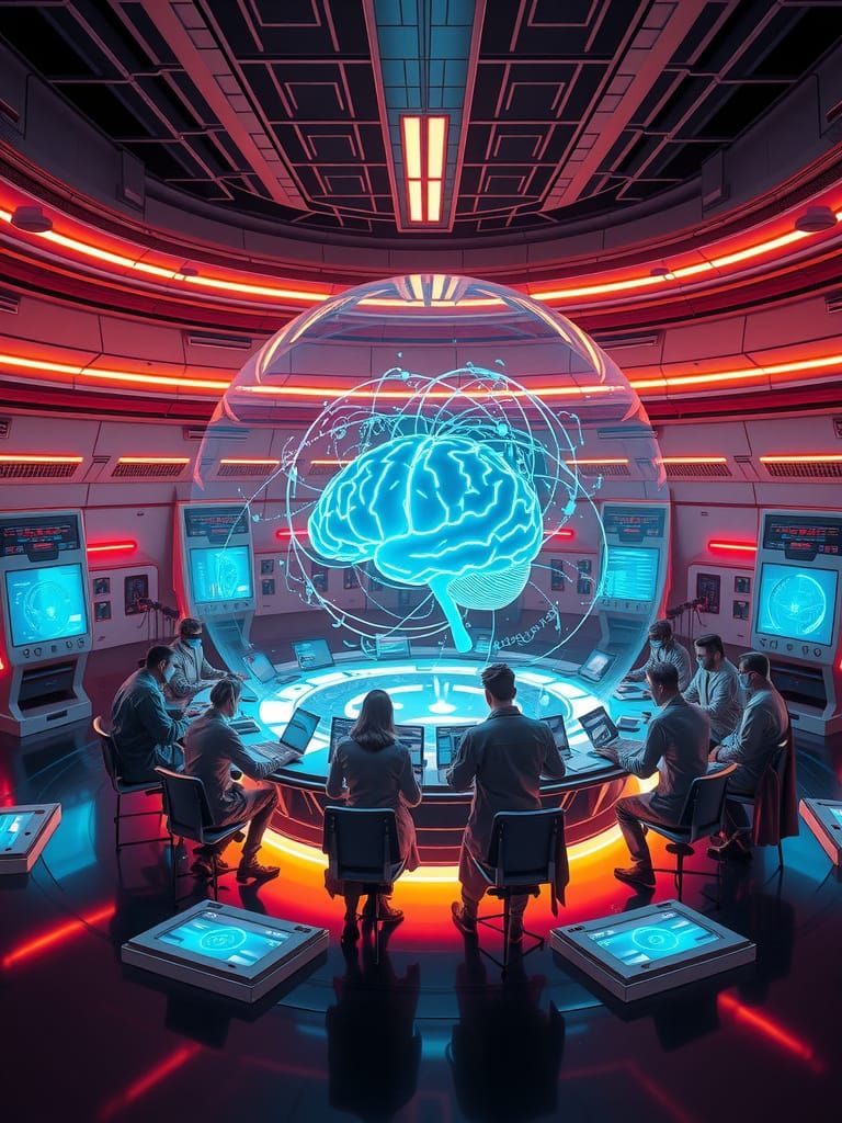 Futuristic Scientists Ponder HBAI in Neon-Lit Lab