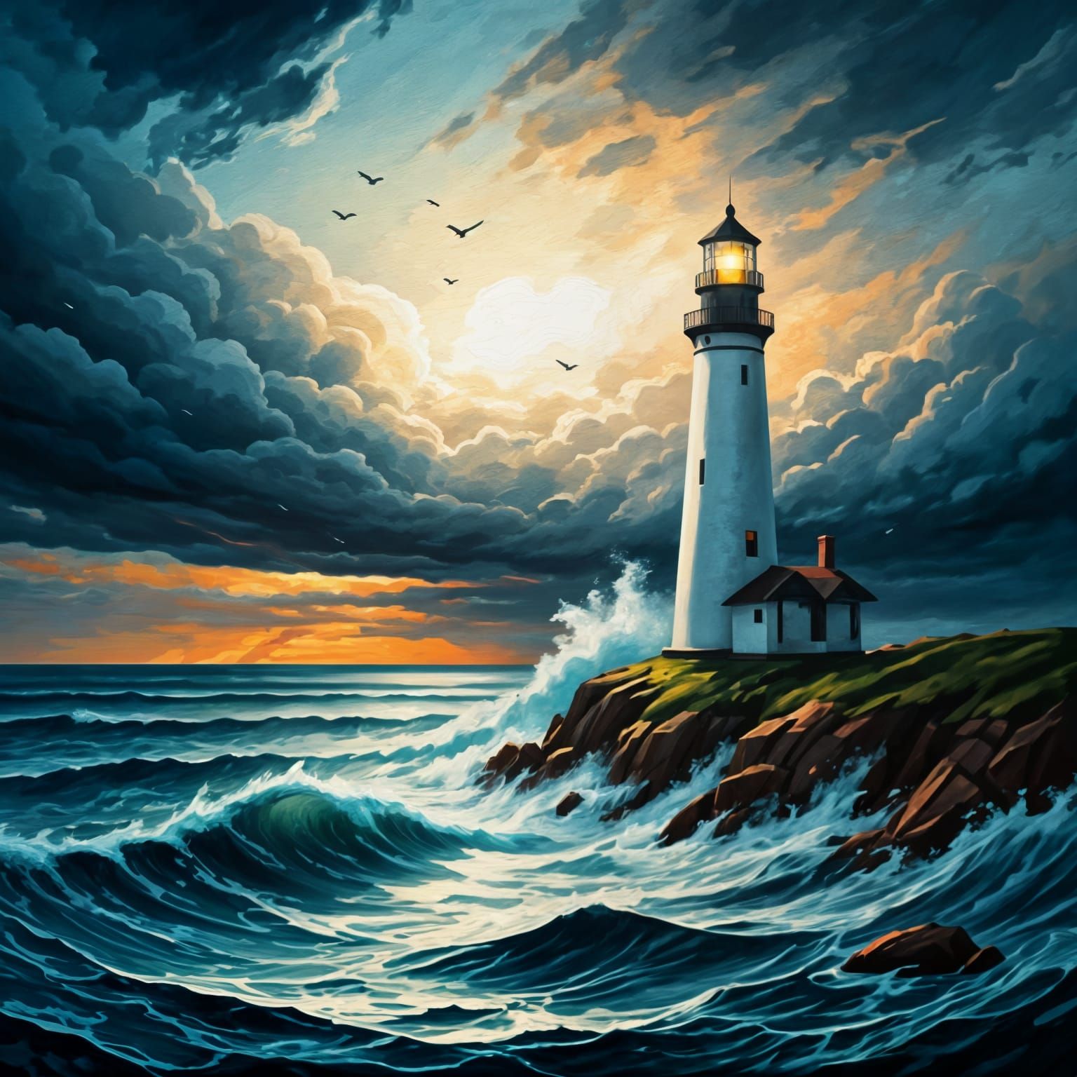 Lighthouse in Ink Splatter Storm: Oil Painting