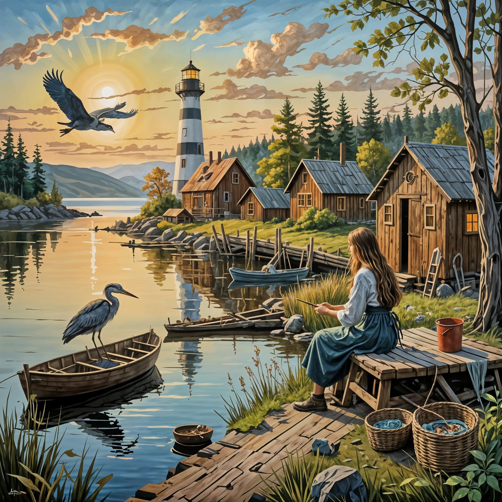 Artist Paints Lake Scene with Heron, Owl, and Cabin