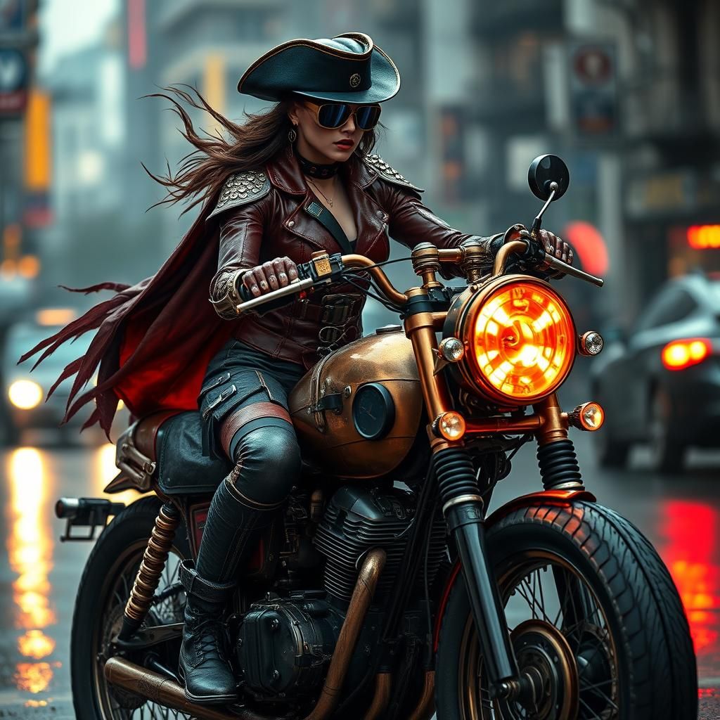 Steampunk Woman Rides Motorbike into Dieselpunk City