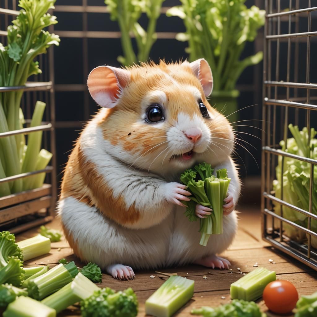 Cute Hamster Eating Celery: 3D Anime Art