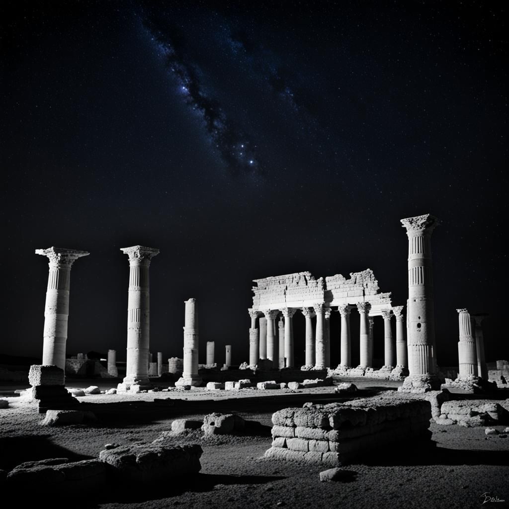 Hatra Ruins by Night in Black and White