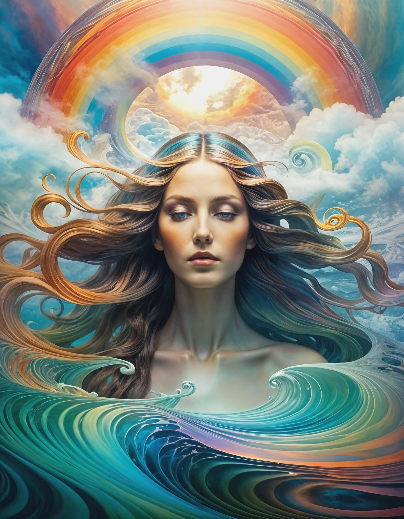 Ethereal Woman Emerges from Colorful Fluid Lake