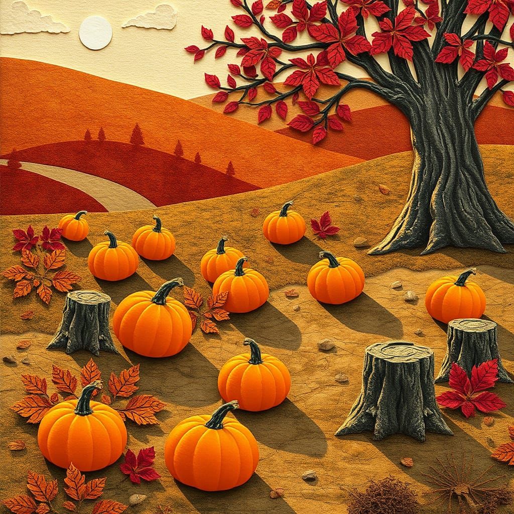 Whimsical Fall Landscape in Earthy Paper Collage