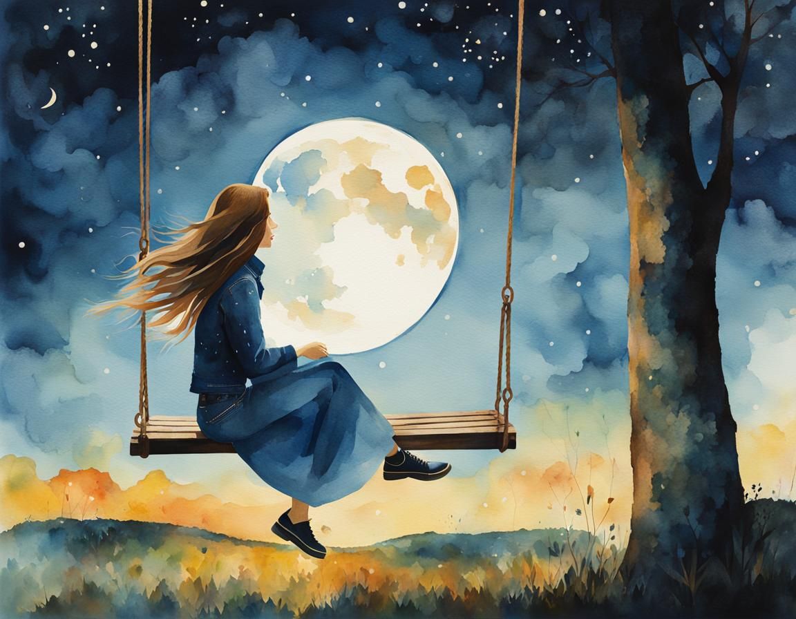 Impressionist Watercolor: Girl on Swing at Moon