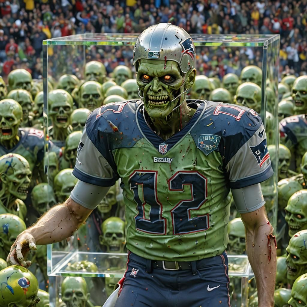 Zombie Tom Brady in Glass Cube: Hyperrealistic 3D Render