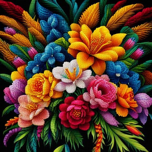 Colorful Embroidered Flower Bouquet with Beads