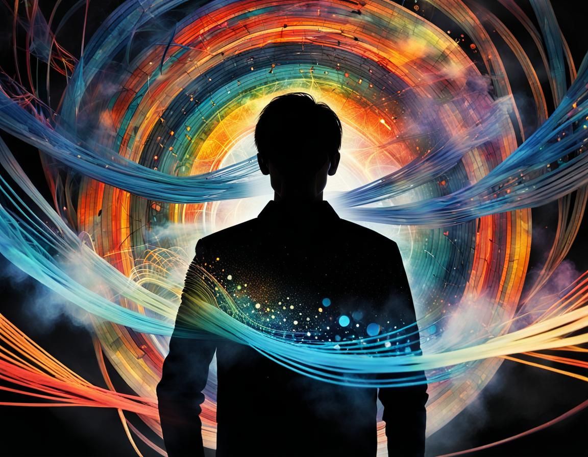 Surreal Man in Shadows with Kaleidoscope Horizon