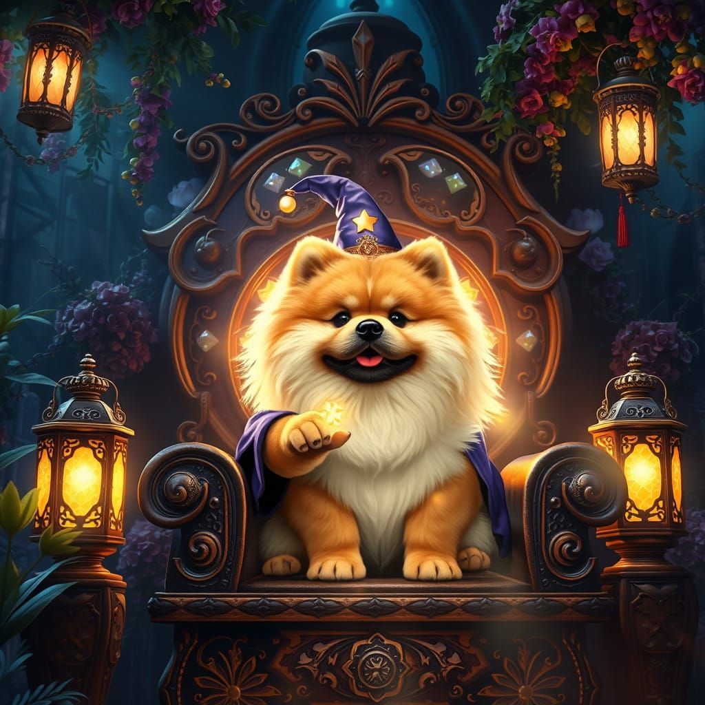 Mystical Chow Chow Wizard in Ancient Enchanted Throne Room