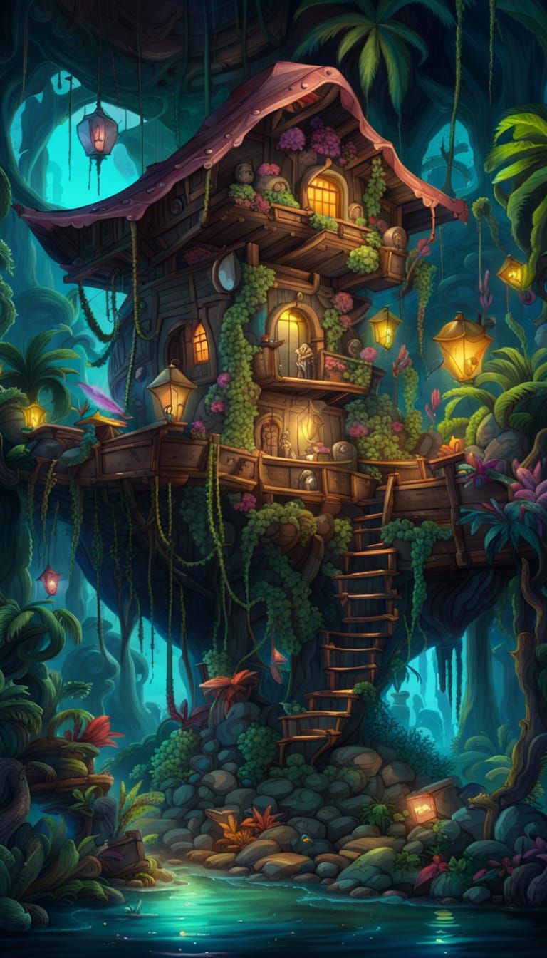 Vibrant Pirate Hideout with Bioluminescent Treasures