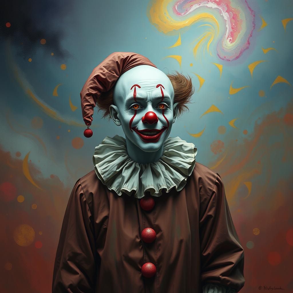 Melancholic Clown in Rothko-Beksiński Style Cries