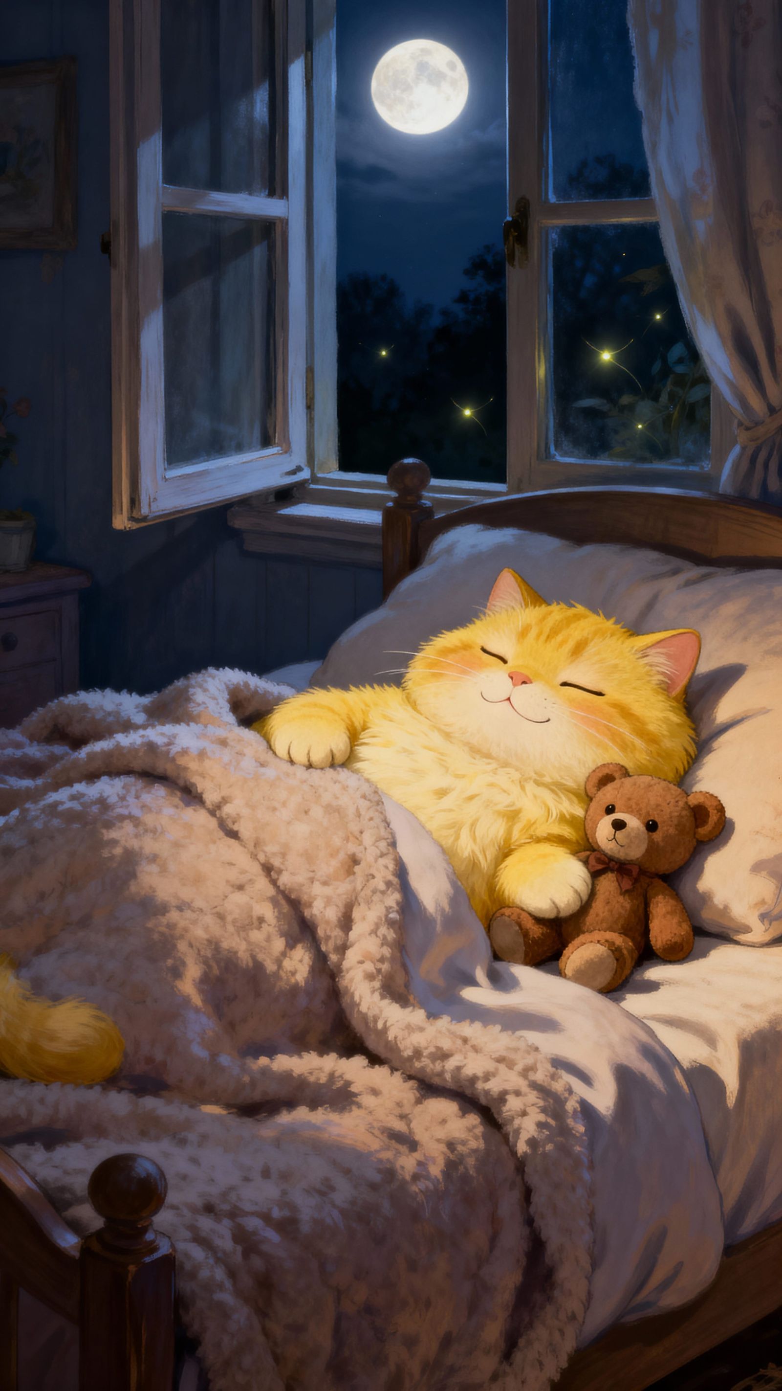 Chubby Cat Sleeps Peacefully with Teddy Bear in Moonlight