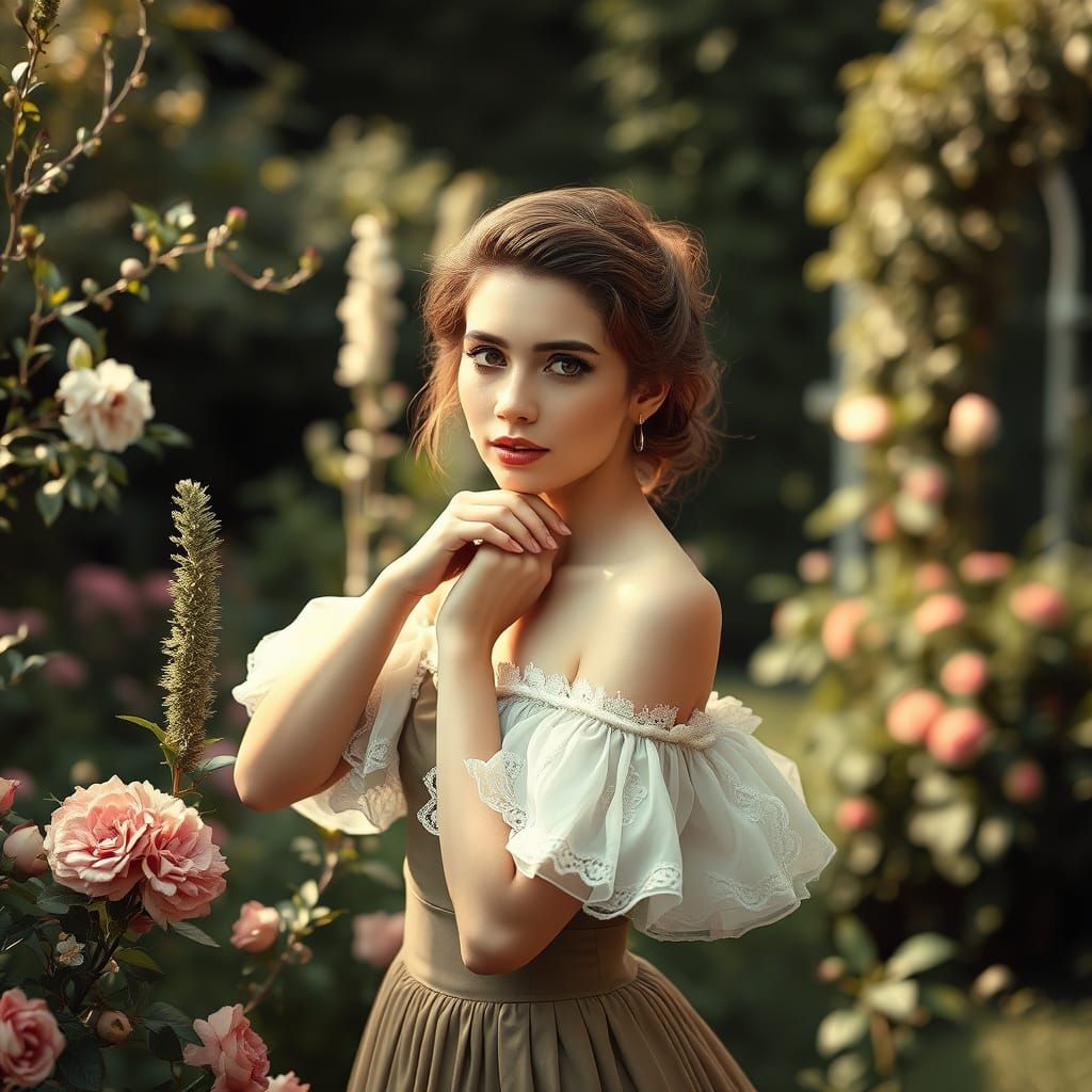 Elegant Woman in Garden, Dreamy Art Style