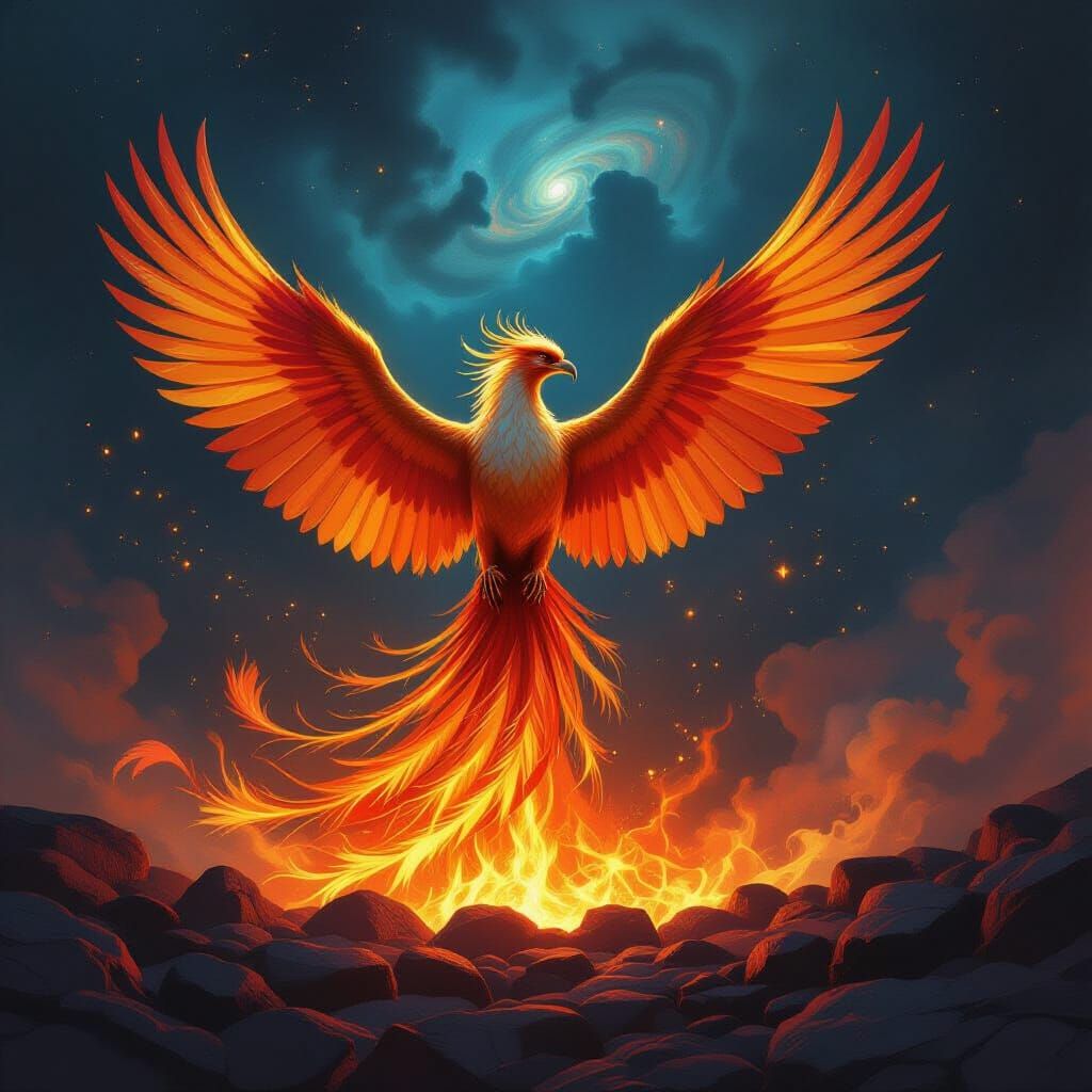 Majestic Phoenix Rising From Embers in Cosmic Vortex