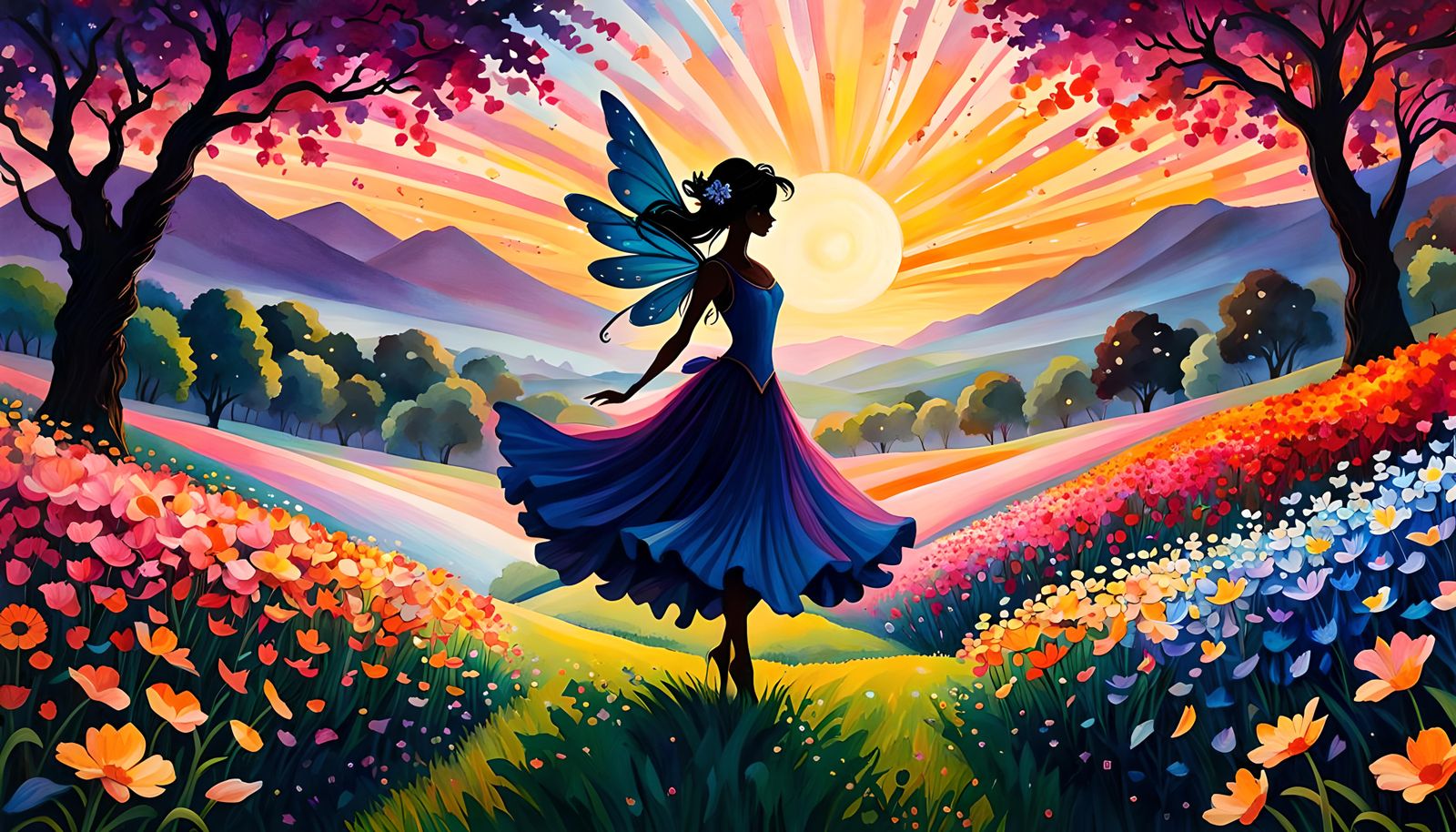 Fairy Spirit Dances in Blooming Field, Impressionist Gouache